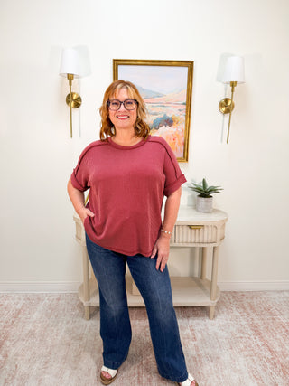 Zenana Plus Rib Cuff Sleeve Top - Burgundy DB