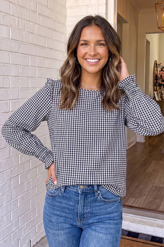 LAS -  Plaid Shirred Cuff Crew Neck Blouse