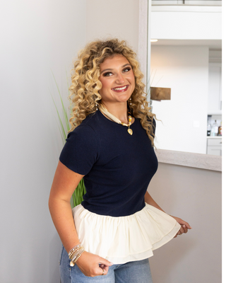 Mae Half Sleeve Knit Top - Navy/Cream