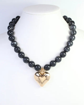 Marjorie Marble Beaded Heart Necklace - Black
