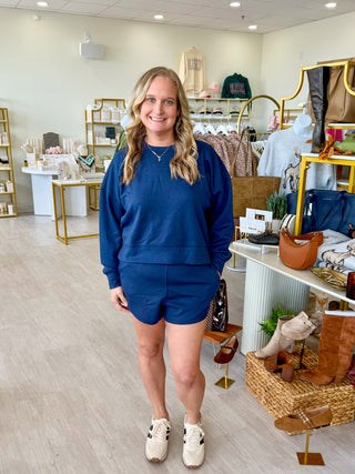 Long Sleeve Sweatshirt and Shorts Set - Navy