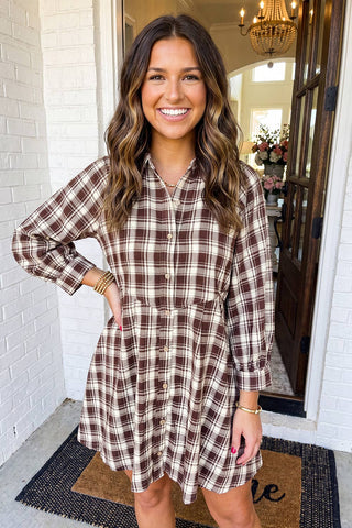 LAS - Plaid Button Down Casual Shift Mini Dress