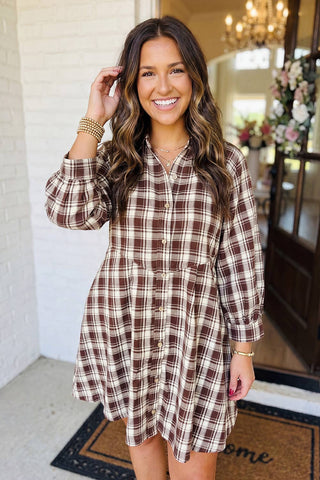 LAS - Plaid Button Down Casual Shift Mini Dress