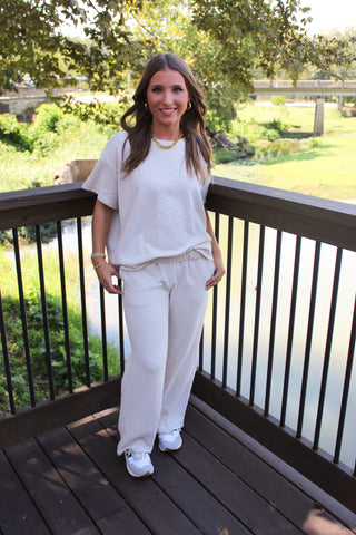 Zenana Slub Short Sleeve Set - Sand Beige