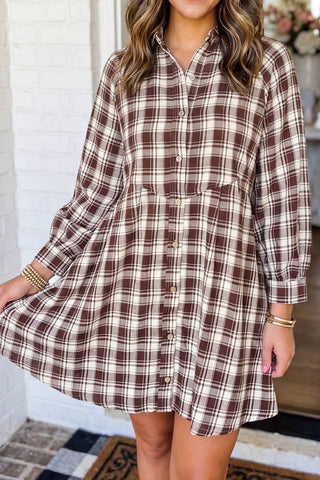 LAS - Plaid Button Down Casual Shift Mini Dress