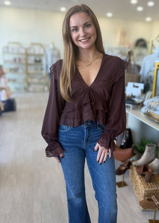 Charlotte Lace Trim Sheer Ruffle Blouse - Brown