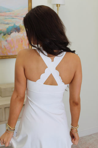 Stretchy Scallop Athletic Dress - White