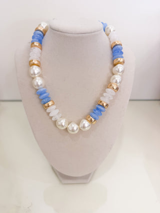 Pearl & Rondelle Shape Beads Necklace - Blue/Gold