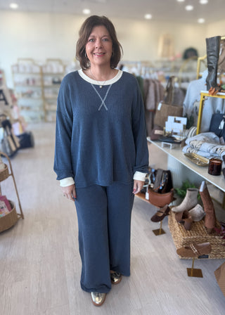 Raised Rib Round Neck Pant Set - Navy