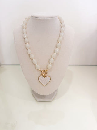 Heart Pendant Oval Stone Necklace - Ivory