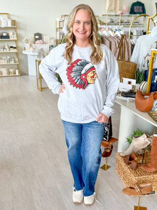 Red & White Feather Headdress Graphic Sweatshirt