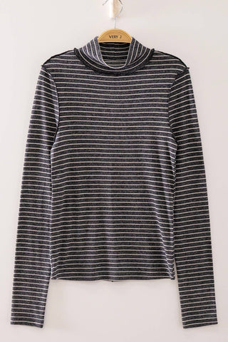 Black Striped Mock Neck Long Sleeve Top