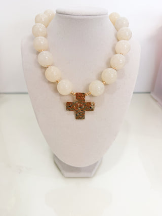Cross Pendant Marble & CCB Ball Necklace - Gold