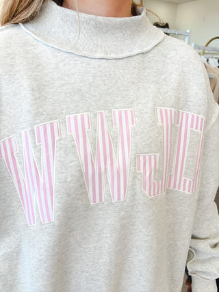 Mock Neck "WWJD" - Heather Grey Stripe Pink and Blue