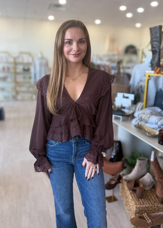 Charlotte Lace Trim Sheer Ruffle Blouse - Brown