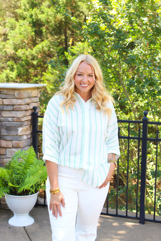 Laney Striped Button Down - Kelly Green