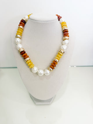 Pearl & Rondelle Shape Beads Necklace - Brown/Gold