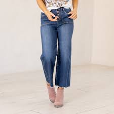 Risen High Rise Cropped Wide Button Up Jeans - Medium Denim