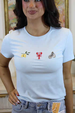 Embroidered Ribbed Top - Light Blue