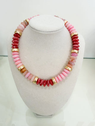 Color Wide Bead & CCB Stand Necklace - Pink/Gold