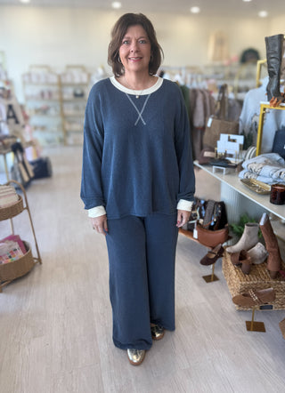 Raised Rib Round Neck Pant Set - Navy