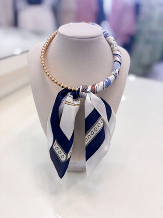 Silk Scarf Wrapped Collar Necklace - Blue/Gold