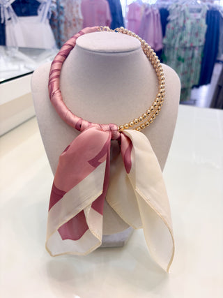 Silk Scarf Wrapped Collar Necklace - Dust Pink/Gold