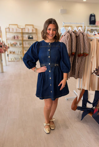 Entro - Solid denim short puff sleeve mini dress