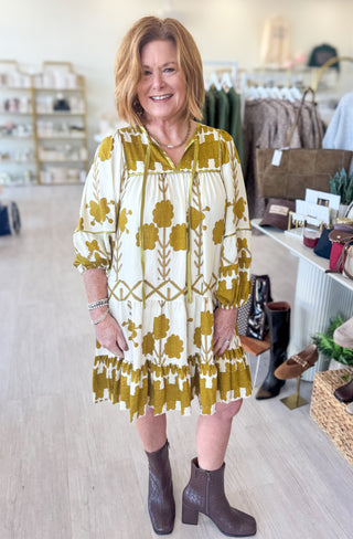 Maeve Boho Dress- Mustard Green
