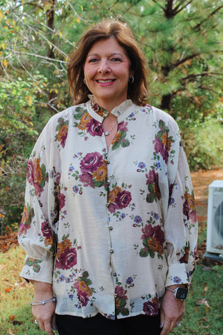 Brie Floral Print Top - Ecru