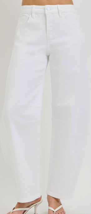 Tummy Control Risen Barrel Jeans - White