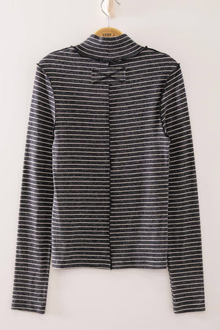 Black Striped Mock Neck Long Sleeve Top
