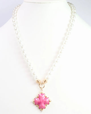 Edie Enamel Cross and Pearl Necklace - Pink