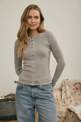 LONG SLEEVE KNIT TOP - Grey