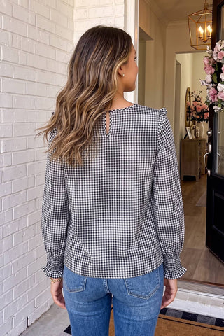 LAS -  Plaid Shirred Cuff Crew Neck Blouse