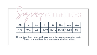 Sizing Chart, XS 0/2, S 2/4, M 6/8, L 10/12, XL 14/16, 1XL 16/18, 2XL 18/20, 3XL 22